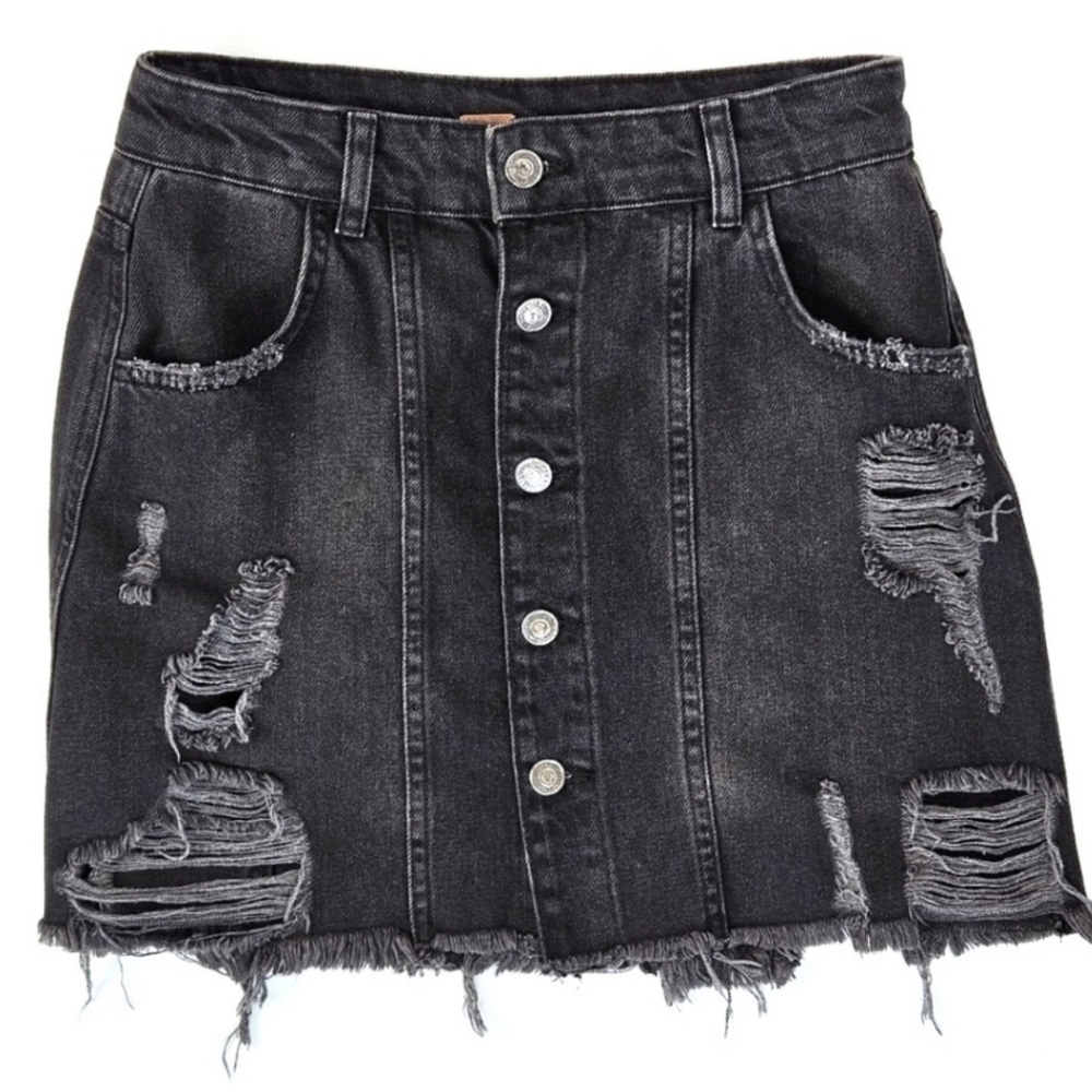 Free People Black Distressed Denim Mini Skirt